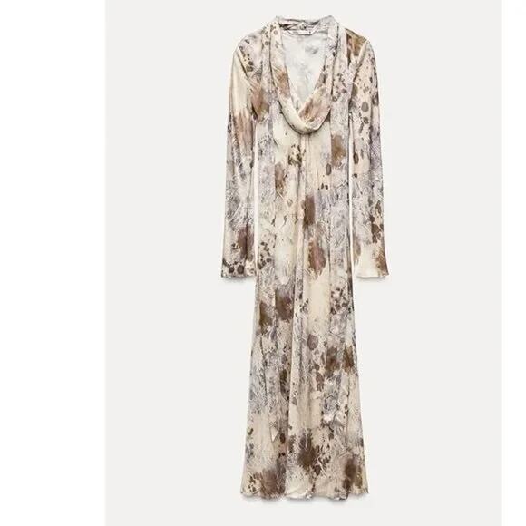 NWOT Zara Multicolor Abstract Print Cowl Neck Dress Women’s Size L - XL - Picture 2 of 10